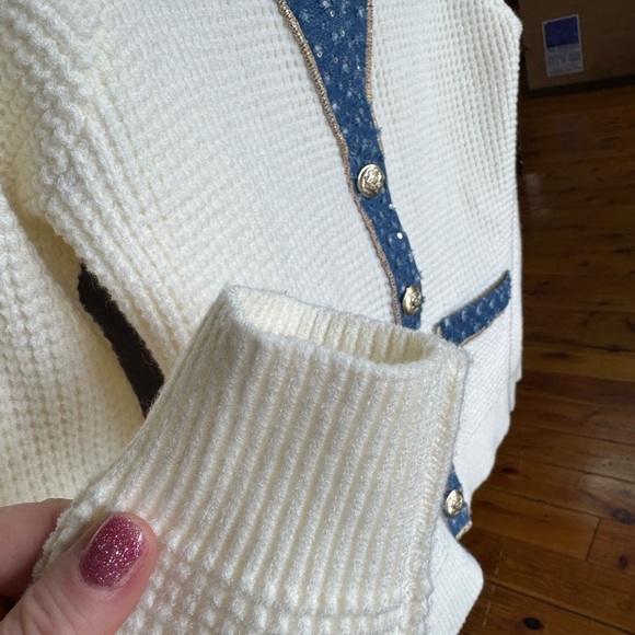 Women's White Cardigan with Blue Trim‎ - Picture 7 of 14